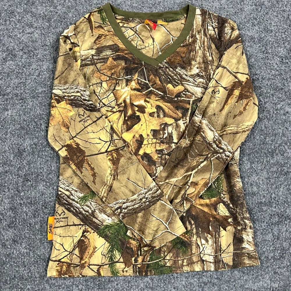 SHE Outdoor Shirt Womens Size M Brown Realtree Xtra Camo V-Neck Long Sleeve Top